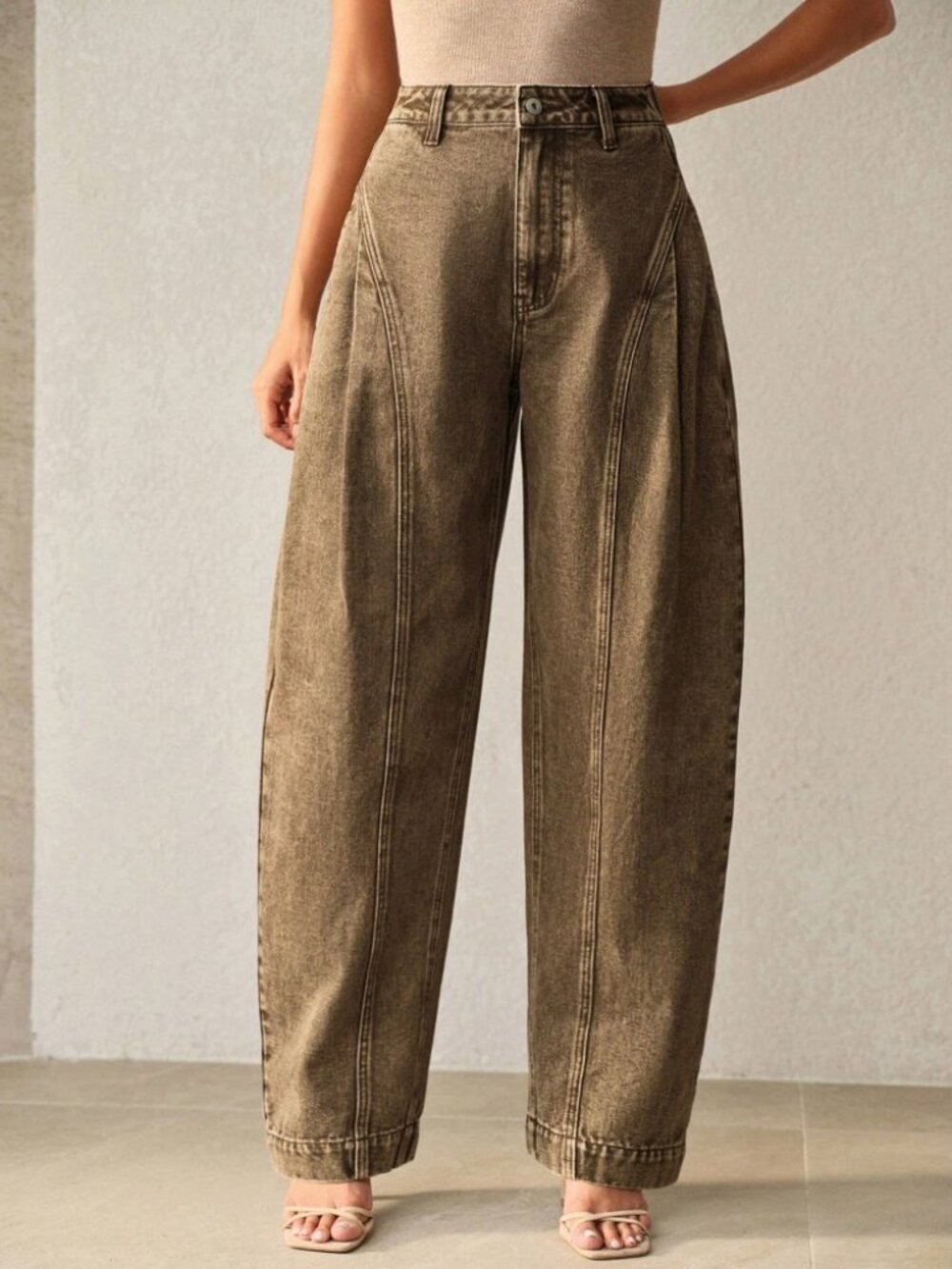 Brown Acid Wash High Waist Seam Detail Barrel Wide Leg Denim Jeans